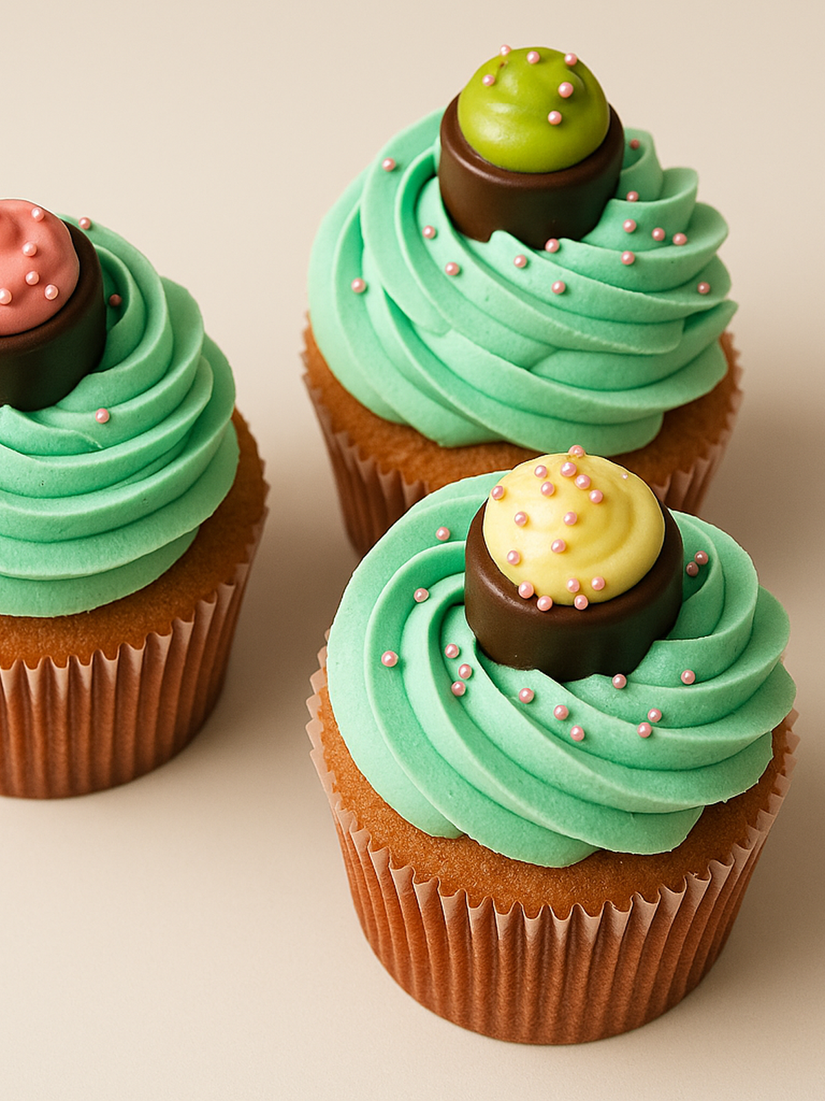 Cupcake with caramel-colored swirl frosting on a blue background with delicate patterns, captured from a top-down angle under soft lighting.